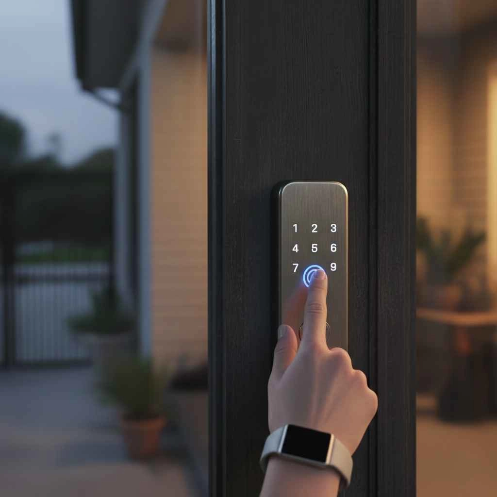  Close-up of a homeowner using a smart lock keypad