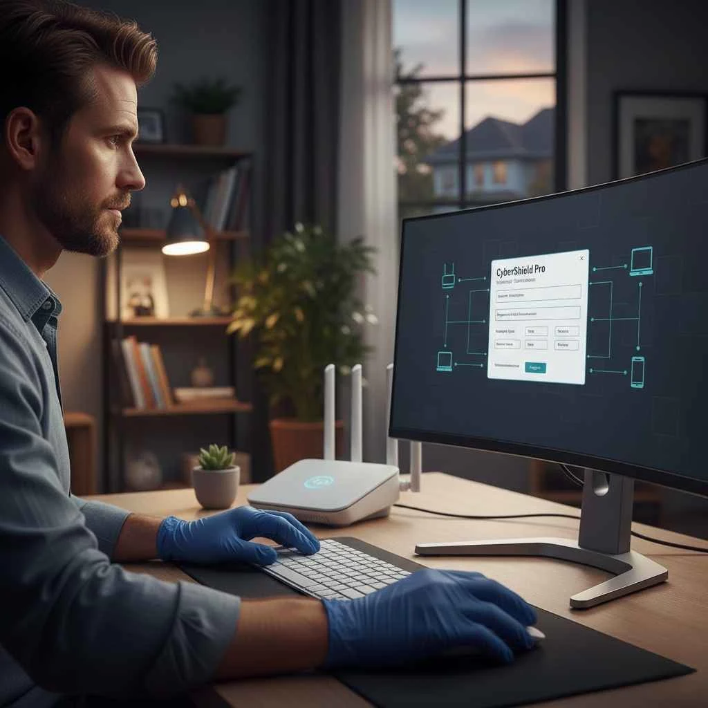  Technician configuring a home router with security software