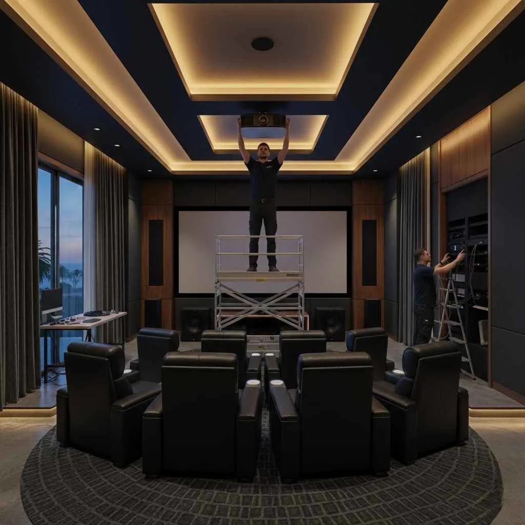 Technician installing projector and AV system in home theater